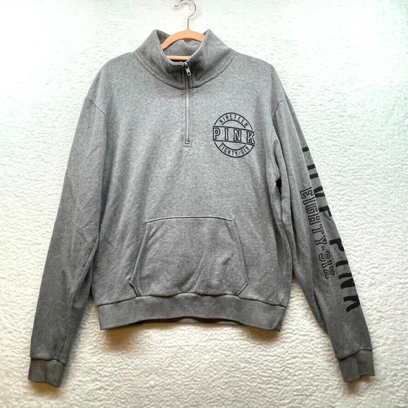 PINK Sweatshirt Womens Small Gray 1/4 Zip Pullover Victorias Secret Logo Athetic - Picture 1 of 9